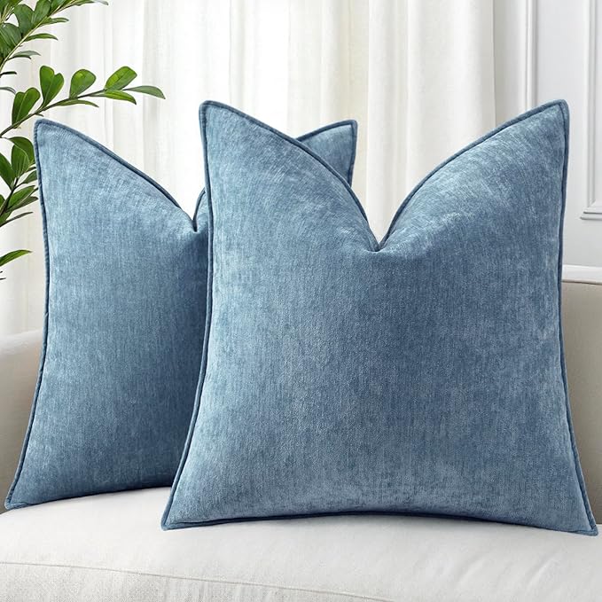 decorUhome Spring Couch Throw Pillow Covers 20x20 Set of 2, Decorative Soft Velvet Neutral Chenille Pillow Covers with Elegant Design for Sofa Bed Living Room Home Decor, Blue Grey