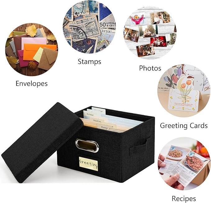 Greeting Card Organizer and Storage Box with 20 Pcs Adjustable Dividers, Storing Cards with 84 Pcs Labels Perfect for Storing Greeting Cards, Envelopes, Photos 1 Pack Black