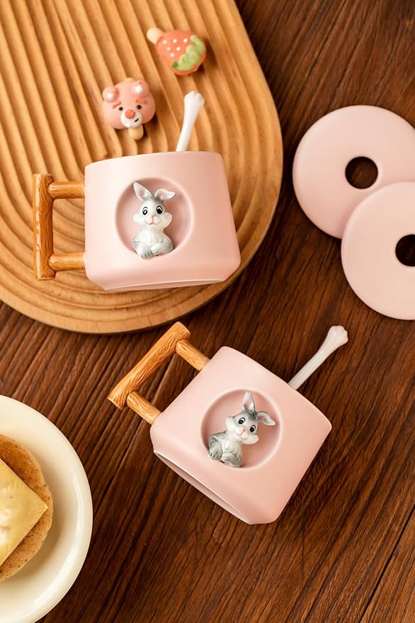 DIHOclub Adorable 3D Ceramic Rabbit Mug with Lid and Spoon Perfect for Coffee, Tea, Milk, and More - Ideal Gift for Bunny Lovers - 14 Ounces (Pink)