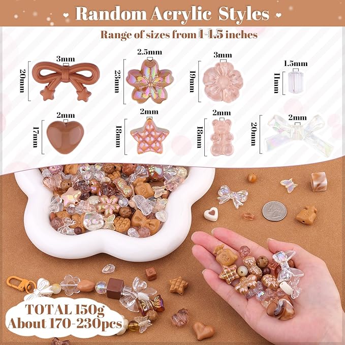 200-260PCS TINKRSTUFF Assorted Acrylic Beads Brown,Cute Beads for Bracelet Making, Bow Flower Butterfly GummyBear Kawaii Charms Aesthetic Bead for Necklace Keychain Jewelry Making DIY Phone Charm