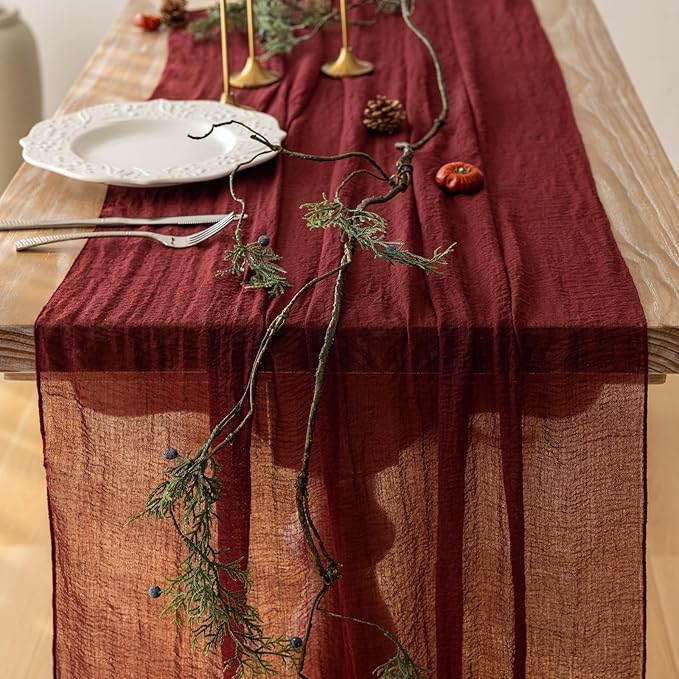 Keketoarrange 6pcs Burgundy Table Runner Valentines Decor Red Cheesecloth Gauze 120 Inch 10 FT Rustic Boho Cheese Cloth Runner for Wedding Baby Bridal Shower Party Long Sheer Spring Home Decorations