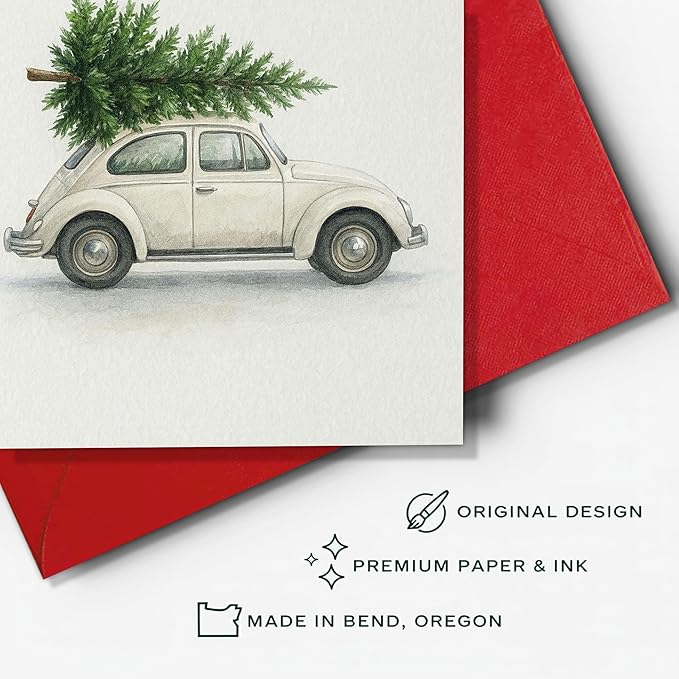 (5.3x8in) I’m Driving Home for Christmas Card with Envelope, Vintage Watercolor Car with Tree Design, Classic Holiday Greeting Card for Family, Friends, Couples, and Loved Ones (Xmas 29)