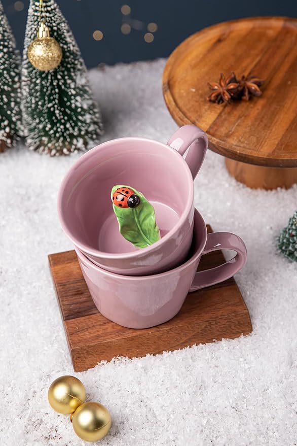 DIHOclub Ceramic Ladybug Cup Hidden 3D Animal Inside Mug，Garden series Handmade Figurine Mugs 12OZ(Pink purple)