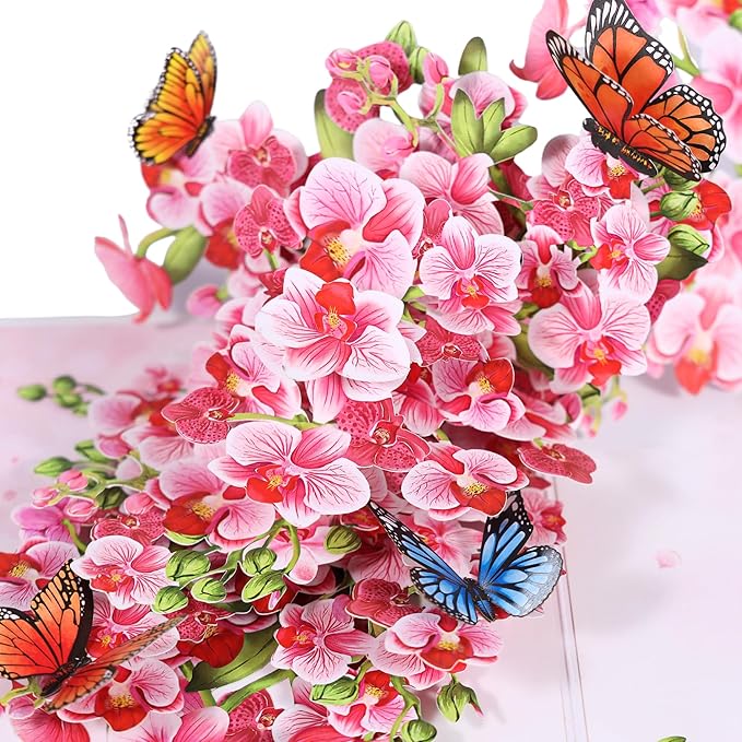 Orchids Flower Pop Up Birthday Card for Women, Wife; 3D Butterfly on Orchid Gift Card for Mother's Day, Thinking of You, Valentines, Thank You, All Occasion for Her, Mom, Sister, Grandma, Daughter