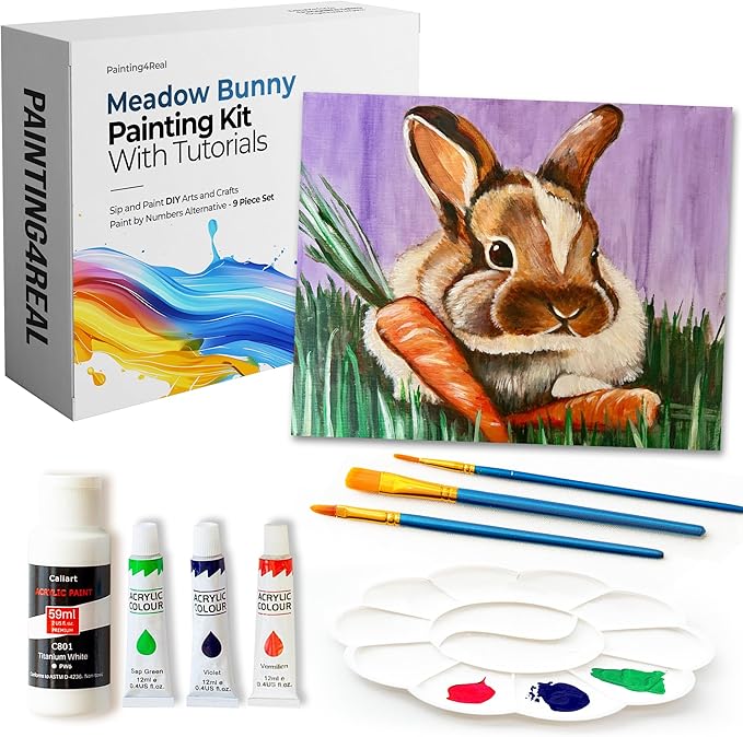 Painting4Real DIY Painting Class Kit for Adults with Video Tutorials: Learn to Paint Meadow Bunny – How to Paint with Acrylics – Painting & Art Supplies – 9 Piece Acrylic Paint Set