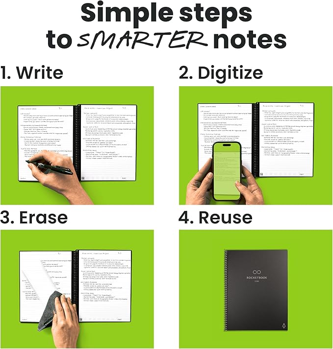 Rocketbook New Core Reusable Spiral Notebook, Executive Size 6x8.8, Black - Lined Pages, App-Connected, Erasable, Durable Cover, Ideal for School, Work, and Creative Projects