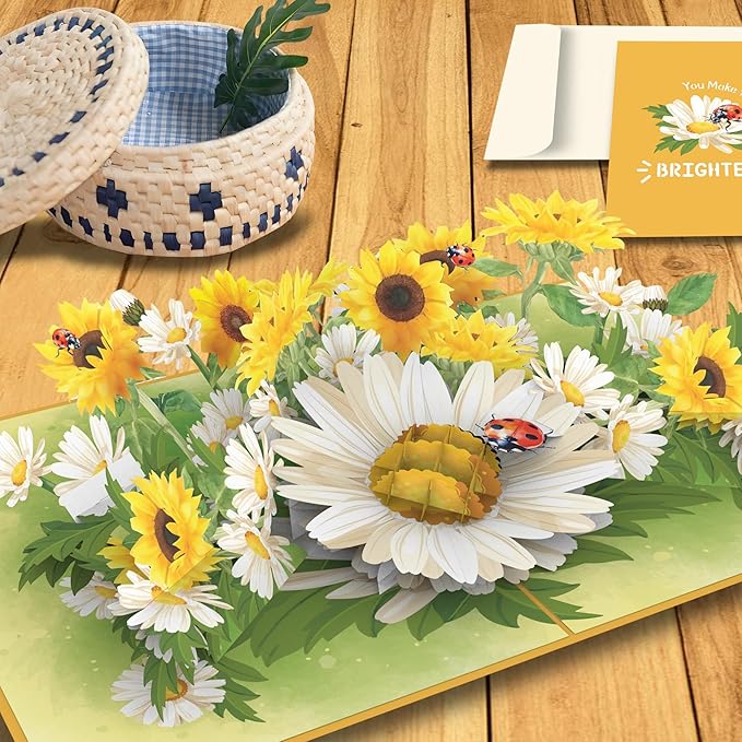 iGifts And Cards You Make the World Brighter Ladybug 3D Pop-Up Card – 6"x8" Sunflower & Daisy Bouquet with Notecard – Uplifting All-Occasion Greeting for Friends, Her, Encouragement, or Just Because