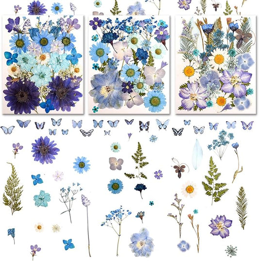 140 PCS Blue Real Pressed Dried Flowers and Leaves with Butterfly Stickers & Tweezers – Natural Dried Flowers for Resin, Candle, Jewelry, Scrapbooking & DIY Crafts (Blue 140)