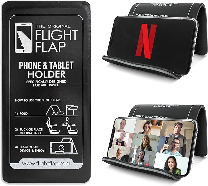 Airplane Phone Holder, Flexible Cell Phone Holder, Folding Cellphone Stand for Desk, Bed, Office, Treadmill - Airplane Gadgets for Long Travel Accessories - Plane Essentials (Black)