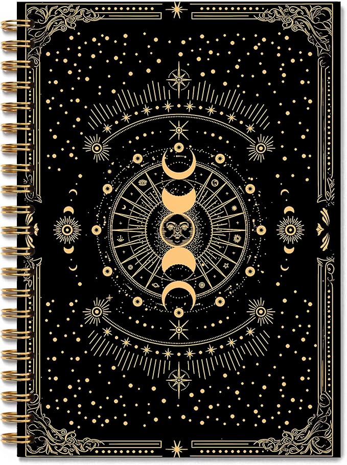 Sun and Moon Witchy Notebook, Witch Gothic Celestial Journal, Witchy Gifts for Women, Mystical Gold Moon Tarot Card Spiral Journal Notebook, 5.5x8.3 Inch