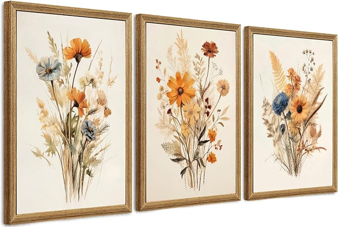 Framed Vintage Wildflower Canvas Wall Art Set of 3 Floral Country Farmhouse Watercolor Flowers Prints Rustic Wood Frame Botanical Artwork Poster for Bedroom Living Room Girls Room Decoration 16" x 24"