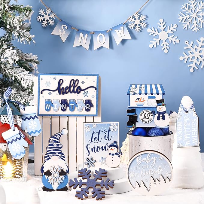Kajaia 15 Pcs Christmas Tiered Tray Decor Winter Tiered Tray Decorations Set Snowman Snowflake Gingerbread Man Hot Cocoa Wooden Signs Farmhouse Christmas Table Decorations(Snowflake)