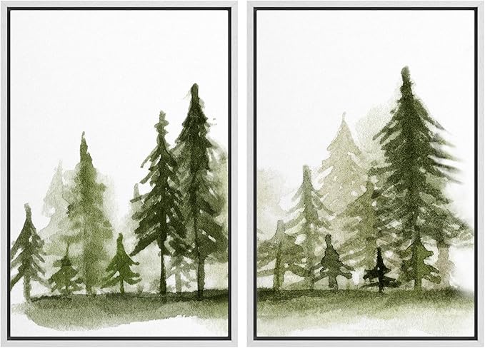 SIGNWIN Framed Wall Art Print Set Watercolor Dark Green Forest Pine Trees Nature Wilderness Illustrations Modern Art Rustic Relax/Calm Multicolor for Living Room, Bedroom, Office - 24"x36"x2 White