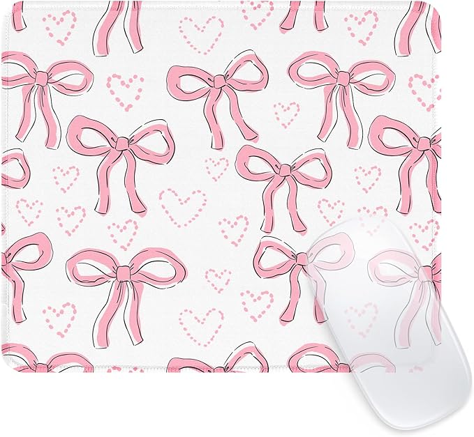 Seorsok Square Aesthetic Ribbon Bows& Love Mouse Mat,Premium Textured Mouse Pads for Office Laptop,Washable Square Mousepads with Extended Stitched Edges Non Slip Rubber Base,White