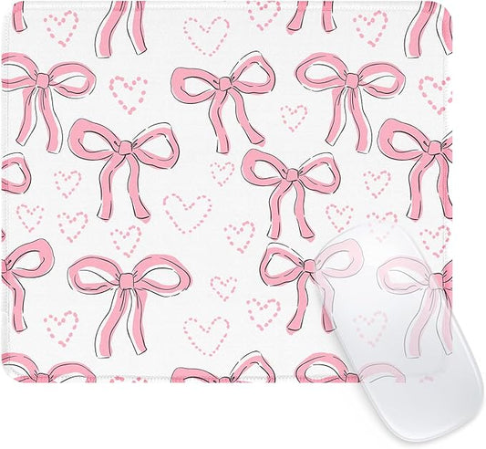 Seorsok Square Aesthetic Ribbon Bows& Love Mouse Mat,Premium Textured Mouse Pads for Office Laptop,Washable Square Mousepads with Extended Stitched Edges Non Slip Rubber Base,White