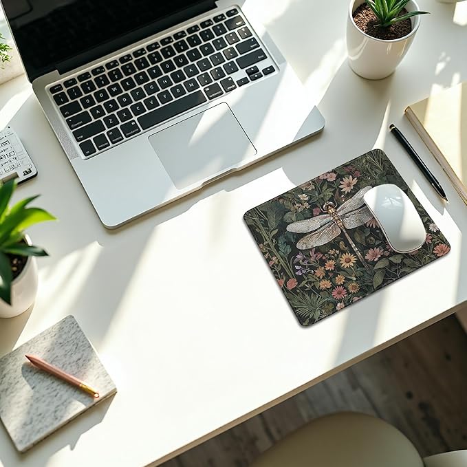 Moody Floral Dragonfly Mouse Pad,Dark Cottagecore Botanical Dragonfly Mouse Pads Mousepad for DeskOffice Dorm Computers Laptop, Aesthetic Office Supplies Desk Accessories, 9.5x7.9 Inch