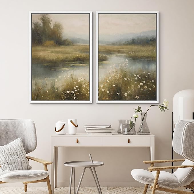 SIGNWIN Framed Canvas Print Wall Art Set Serene Marshland Landscape Rustic Illustration Modern Art Minimalism Decorative for Living Room, Bedroom, Office - 16"x24"x2 White