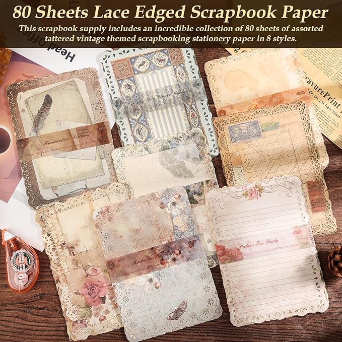 Vintage Scrapbook Supplies, 80 Sheets Lace Edged Scrapbook Stationery Paper with Double Sided Tape Roller for Junk Journal Making, Decoupage and Card Crafts, 4.9x6.9 Inches