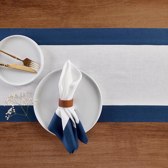 Solino Home Linen Table Runner 36 Inches - 100% Pure Linen Indigo Blue and White Table Runner 14 x 36 Inch Ideal for Dresser and Coffee Tables - Contempo, Winter