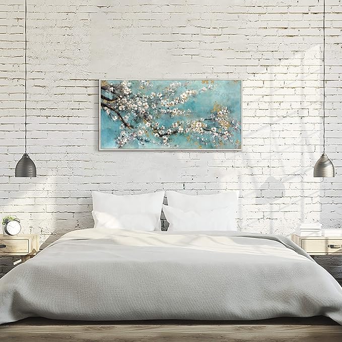 Abstract Flower Wall Art Framed: Dogwood Painting Hand Painted Artwork on Canvas with White Wood Grain Frame (48''W x 24''H,Multi-Sized)