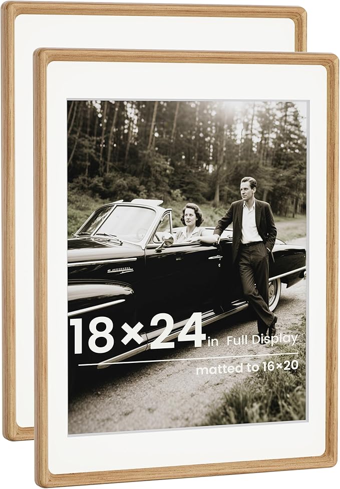 HELPLEX 18x24 Premium Picture Frame Set of 2 - Solid Oak Wood, UV-Blocking Plexiglass, Convertible 16x20 Matted or 18x24 Open Display - Wall Art Gallery & Luxury Home Decor