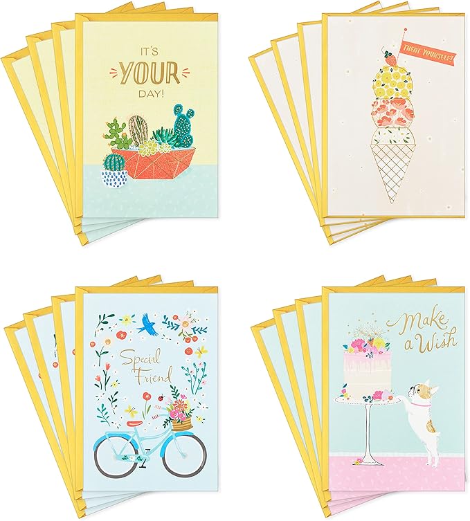 Hallmark Birthday Cards Assortment, 16 Cards with Envelopes (Bicycle, Cactus, French Bulldog, Ice Cream)