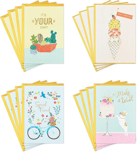 Hallmark Birthday Cards Assortment, 16 Cards with Envelopes (Bicycle, Cactus, French Bulldog, Ice Cream)