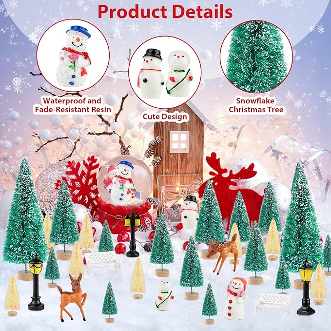PLULON 33Pcs Christmas Village Accessories for Crafts Mini Christmas Trees Xmas Figurines Ornaments Bottle Brush Trees Snowman Deer Micro Landscape for Winter Holiday Home Party Decorations