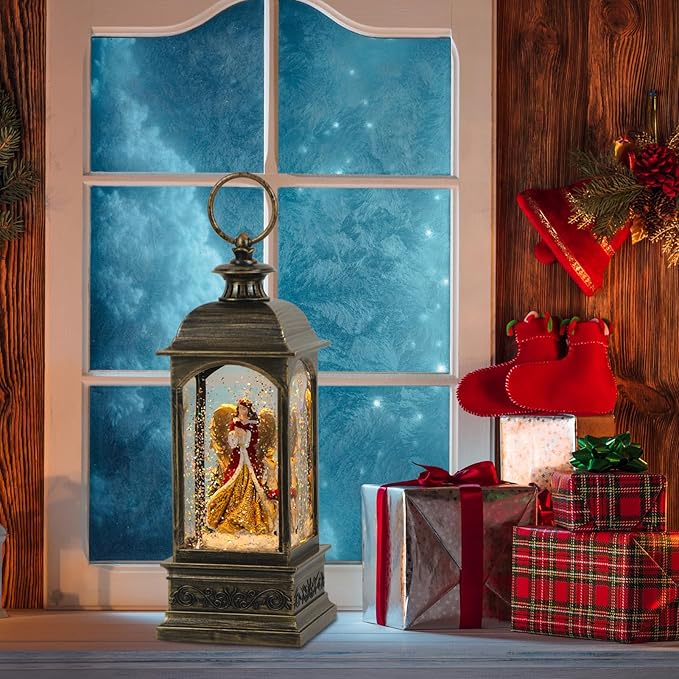 GenSwin Christmas Snow Globes with Music USB Rechargable Cable and Timer, Christmas Lantern Decorations Indoor, 1 Pcs Christmas Music Box with Angel and Reindeer for Festival PXFX-TS