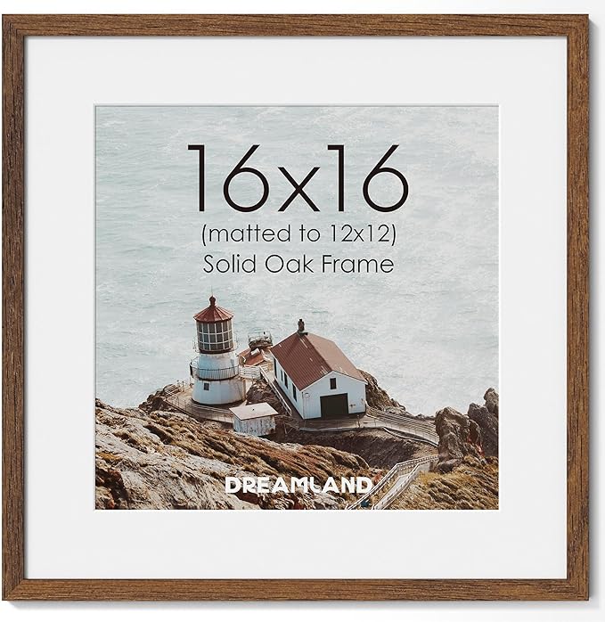 Dreamland 16x16 Picture Frame, 16 x 16 Square Photo Frame with Mat for 12x12, Natural Oak Wood Matted Picture Frames with Tempered Real Glass for Wall Art Photo and Prints, Oak Color, Set of 1