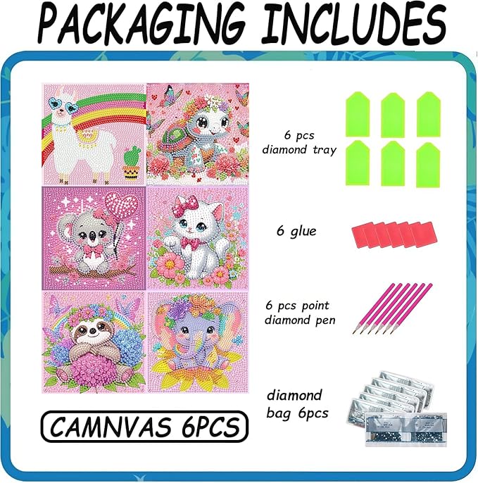 Acelii 6 Pack 5D Elephant Diamond Painting Kits for Kids Beginners,Cute Animals DIY Diamond Art Kit for Kids,Full Round Drill Big Gem Art for Kid,Home Wall Decoration 6X6 inch