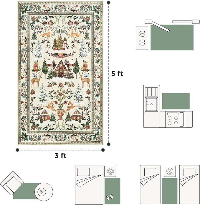 jinchan Christmas Rug 3x5 for Entryway Kitchen Holiday Rug for Bedroom Christmas Tree and Cabin Printed Xmas Decor for Living Room Bathroom Washable Non Slip Decorative Floor Carpet Green on Beige