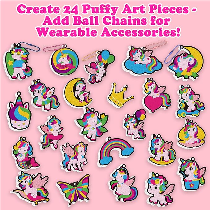Magic Foam Painting Kit for Kids - Unicorn 3D Puffy Art Craft with 24 Ball chains, Mess-Free Puffy Textured Paint, Creative DIY Activity for Girls & Boys Ages 4-8, Birthday & Christmas Gifts
