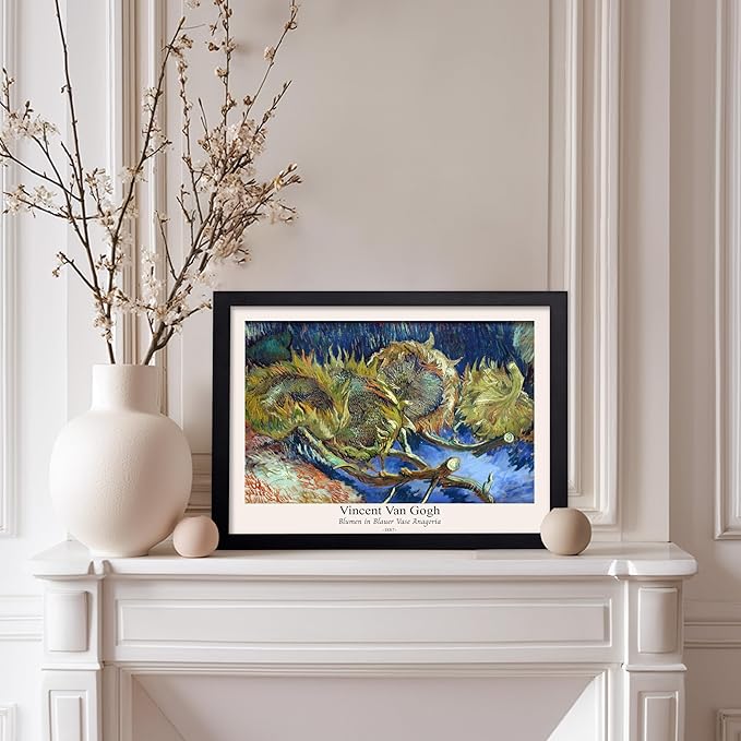 Monem Art Vintage Van Gogh Poster - Retro Blumen in Blauer Vase Anagoria Print - Sunflower Art - Impressionism Art - Fine Art - Classic Painting Art - Bedroom Wall Decor - 11x14 Black Framed