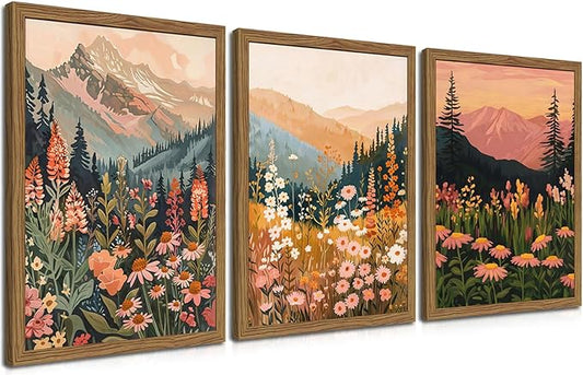 Boho Colorful Landscape Wall Art Set of 3, Vintage Wildflower Mountain Canvas Wall Decor Paintings, Rustic Nature Floral Pictures Prints for Living Room Bedroom 12x16 Inch Wood Framed
