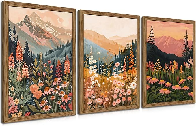 Boho Colorful Landscape Wall Art Set of 3, Vintage Wildflower Mountain Canvas Wall Decor Paintings, Rustic Nature Floral Pictures Prints for Living Room Bedroom 16x24 Inch Wood Framed
