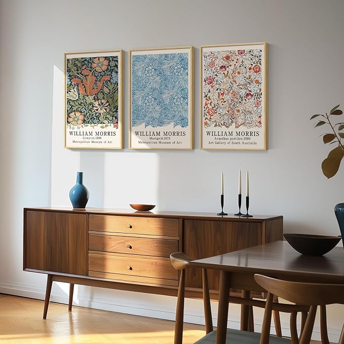 Framed William Morris Wall Art Set of 3, Large Vintage Floral Botanical Canvas Prints, Colorful Artwork for Living Room Bedroom Hallway Office Wall Decor, 16x24 Inch