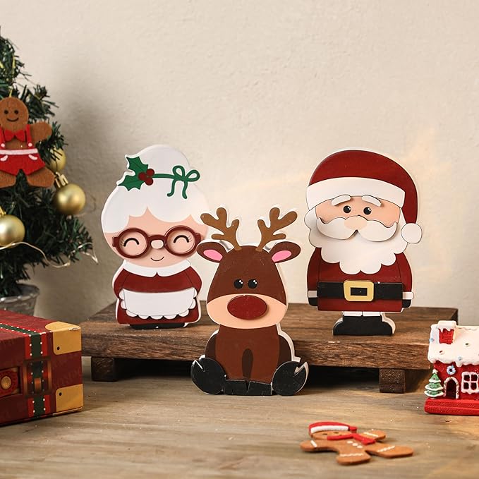 Amorita Wooden Christmas Tiered Tray Decor, 3 Piece Set Santa and Mrs. Claus with Reindeer, Xmas Table Centerpieces -Elegant Santa Christmas Decor for Festive Holiday Table Decorations