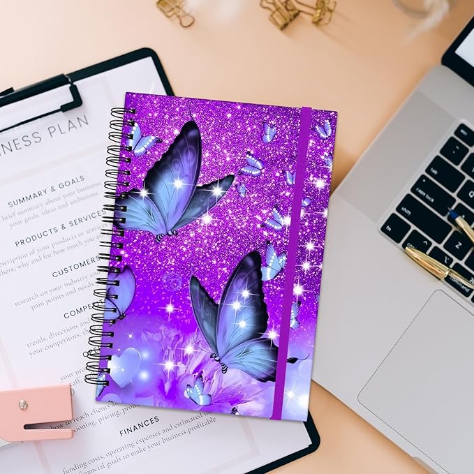 Spiral Notebook,Hardcover Journal Wide Ruled Spiral Notebook,A5 5.5 x 8.3 Inch,80GSM Thick Paper 60 Sheets 120 Pages for Girls Women School Office Aesthetic Cute-Purple Butterfly