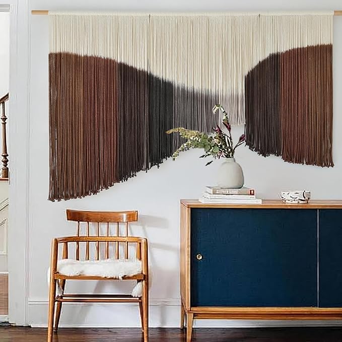 Jakalin Large Macrame Wall Hanging Handmade Geometric Dip Dyed Brown Boho Fiber Wall Decor for Living Room Fiber Yarn Wall Art