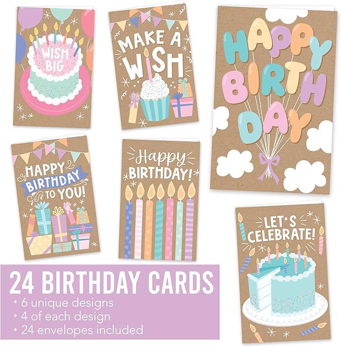 Hadley Designs Happy Birthday Cards Bulk with Envelopes - 24 Assorted Birthday Cards for Kids & Adults, Bulk Greeting Card Pack for Office, Blank Generic Bday Notecards with Envelopes, Designed in USA
