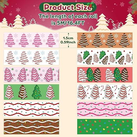 Christmas Tree Washi Tape - Sweet Dessert Theme with Gingerbread Brown Icing Red Festive Green Designs, Acid Free Residue Free Adhesive for Gift Wrapping, Scrapbook, Journal Decor, DIY Crafts