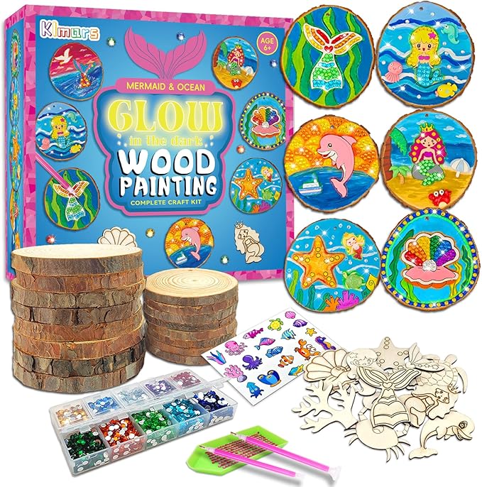 klmars Mermaid Themed Wooden Painting Kit-Glow in The Dark-Arts & Crafts Gifts for Kids Girls Ages 6-12-Wood Slice Craft Activities Kits -Mermaid Art Toys for Kids Christmas Gifts