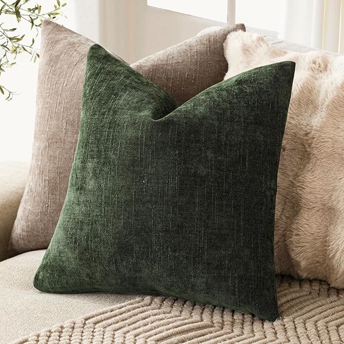 Foindtower Pack of 2 Soft Textured Chenille Throw Decorative Pillow Covers Square Accent Solid Cushion Cover Neutral Farmhouse Pillow Case for Couch Sofa Bedroom Living Room 16x16 Inch,Dark Green