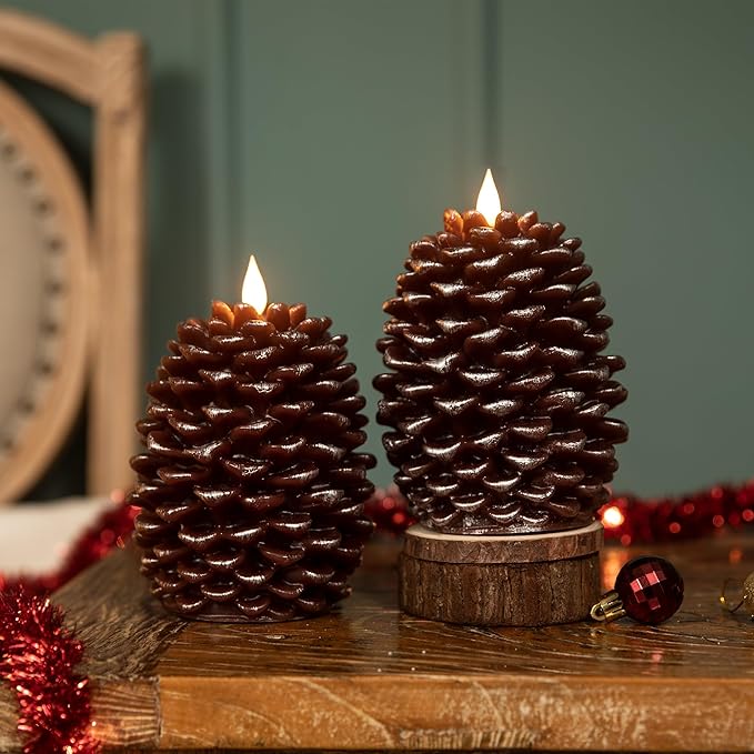Pinecone Flameless Candles with Remote Timer, 2 Pack Real Wax Battery Operated LED Candles for Christmas Decorations, Rustic Holiday Table Centerpieces, Winter Home Décor Brown
