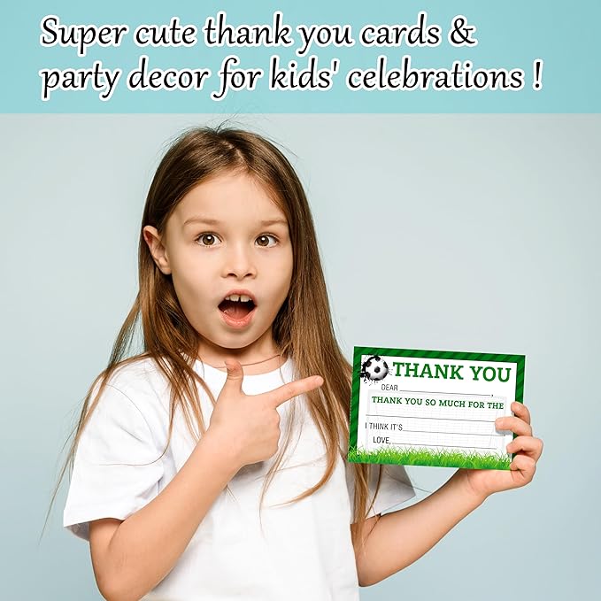 Soccer Kids Thank You Cards, Football Thank You Card For Soccer Birthday Party, Kids Birthday Cards Fill In The Blank, 20 Pack Green Greeting Cards With Envelopes For Boys And Girls, 007