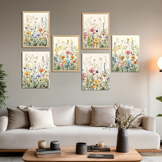 LLEEMPI Watercolor Floral Wall Art Set of 3, Colorful Wildflower Wall Decor, Modern Abstract Botanical Canvas Painting, Rustic Farmhouse Poster Print for Bedroom Bathroom Office Wood Framed 16x24 Inch