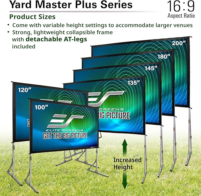 Elite Screens Yard Master Plus, 200-INCH 16:9 Height Setting Adjustable Portable Projector Screen, 4K HD Outdoor Indoor Movie Theater Front Projection, US Based Company 2-YEAR WARRANTY, OMS200H2PLUS