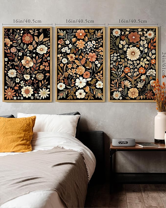 KUVIOKE Orange Vintage Flower Framed Wall Art Boho Floral Wall Decor Retro Wildflower Modern Art Prints Bedroom Living Room Home Decor 16x24in (Natural Framed)
