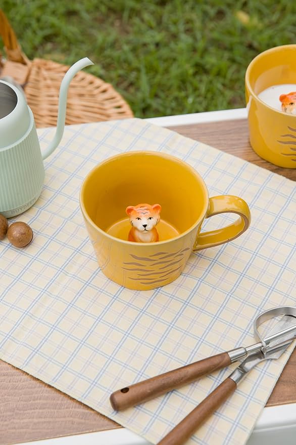 DIHOclub Tiger Cup Ceramic 3D Wild Animal Inside Mug,Cute Cartoon Handmade Figurine Mugs,Holiday and Birthday Gift for Coffee Milk Tea Lovers,12 OZ(Brown Tiger)